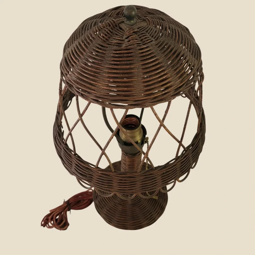 Antique Vintage Art Deco Mushroom Wicker Table Lamp Woven Rattan Brown 18